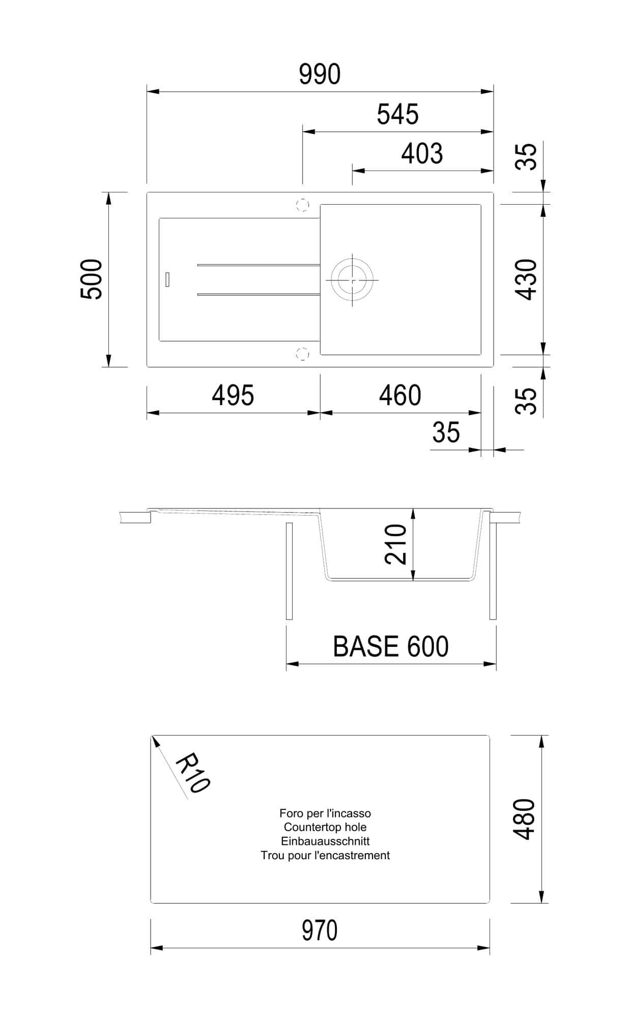 Disegno tecnico e quote del lavello Plados AM9910
