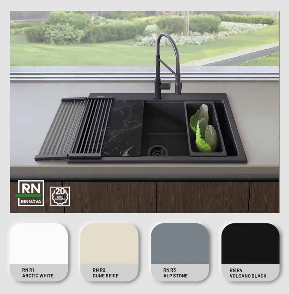 Modern black sink with vegetables and elegant tap.