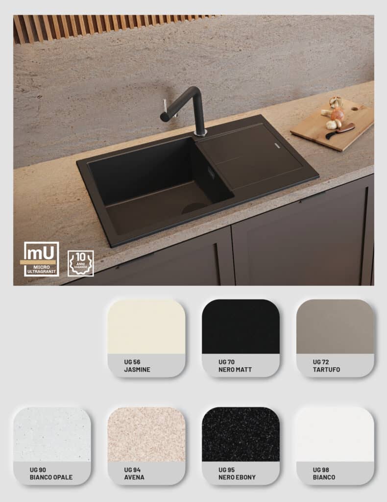Black kitchen sink with modern tap