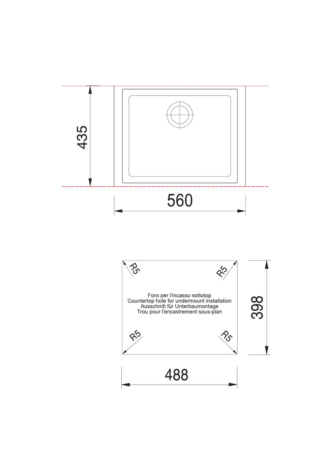 Disegno tecnico e quote del lavello Plados EV5610ST
