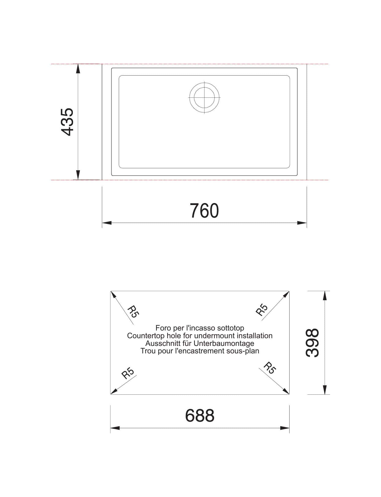 Disegno tecnico e quote del lavello Plados EV7610ST