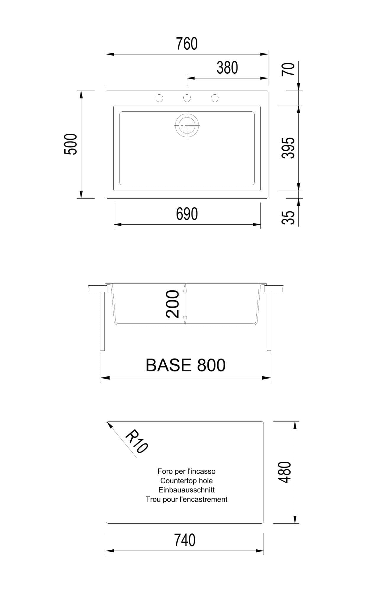 Disegno tecnico e quote del lavello Plados EV7610