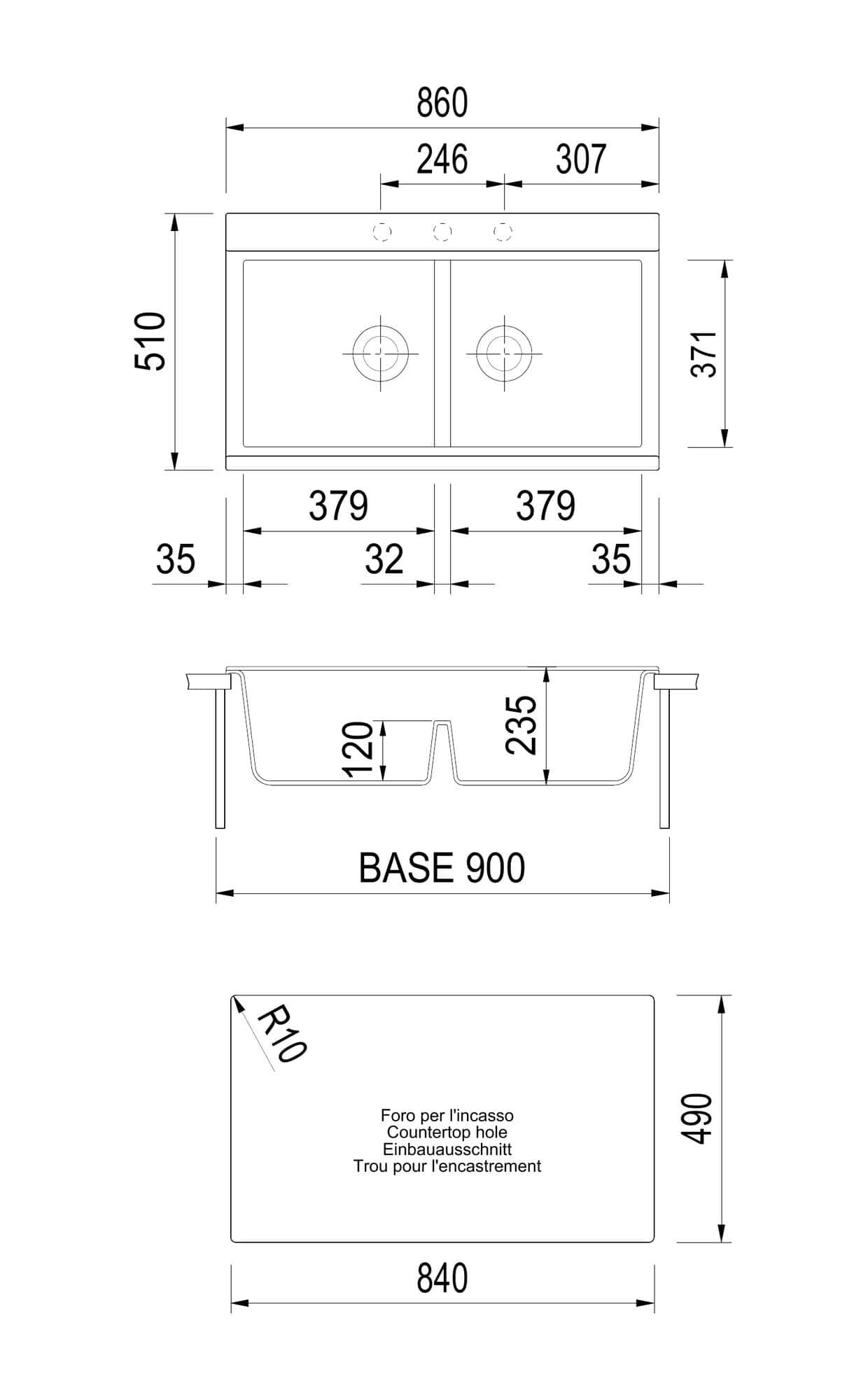 Disegno tecnico e quote del lavello Plados LX8620