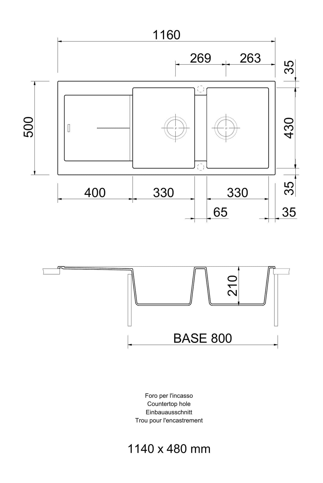 Disegno tecnico e quote del lavello Plados NF11620
