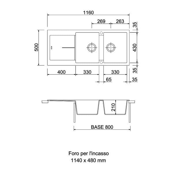 Disegno tecnico lavello doppia vasca con misure dettagliate.