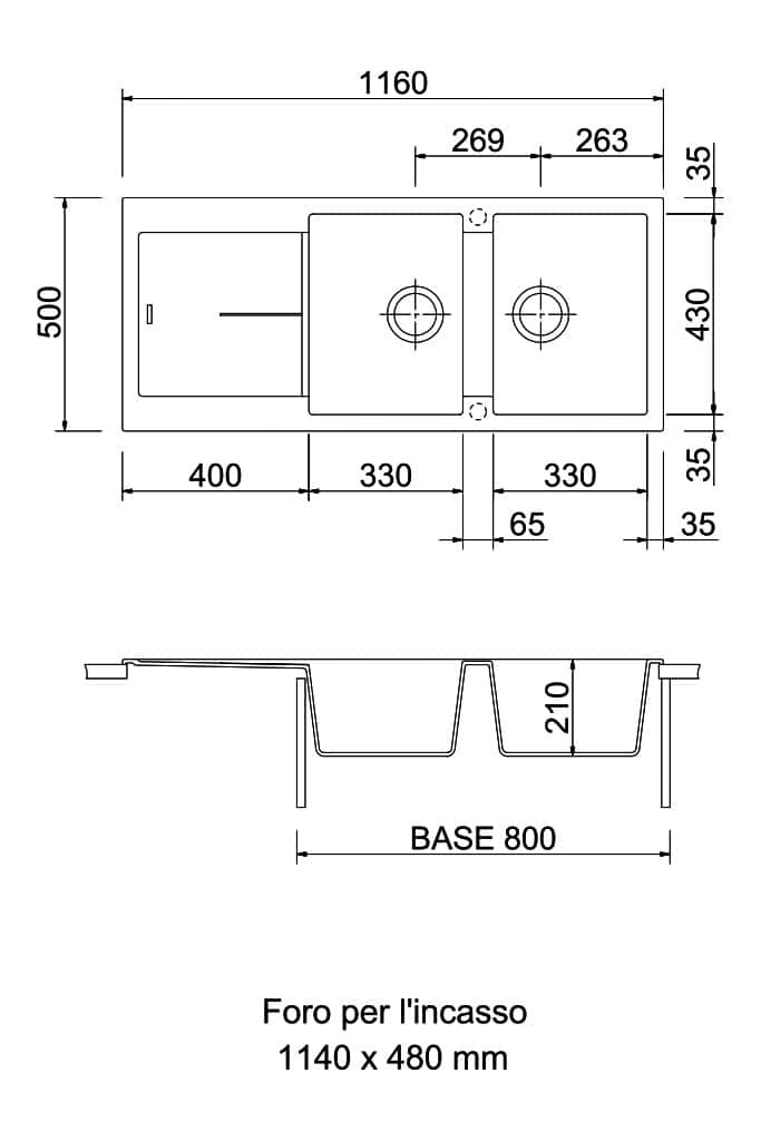 Disegno tecnico lavello doppia vasca con misure dettagliate.