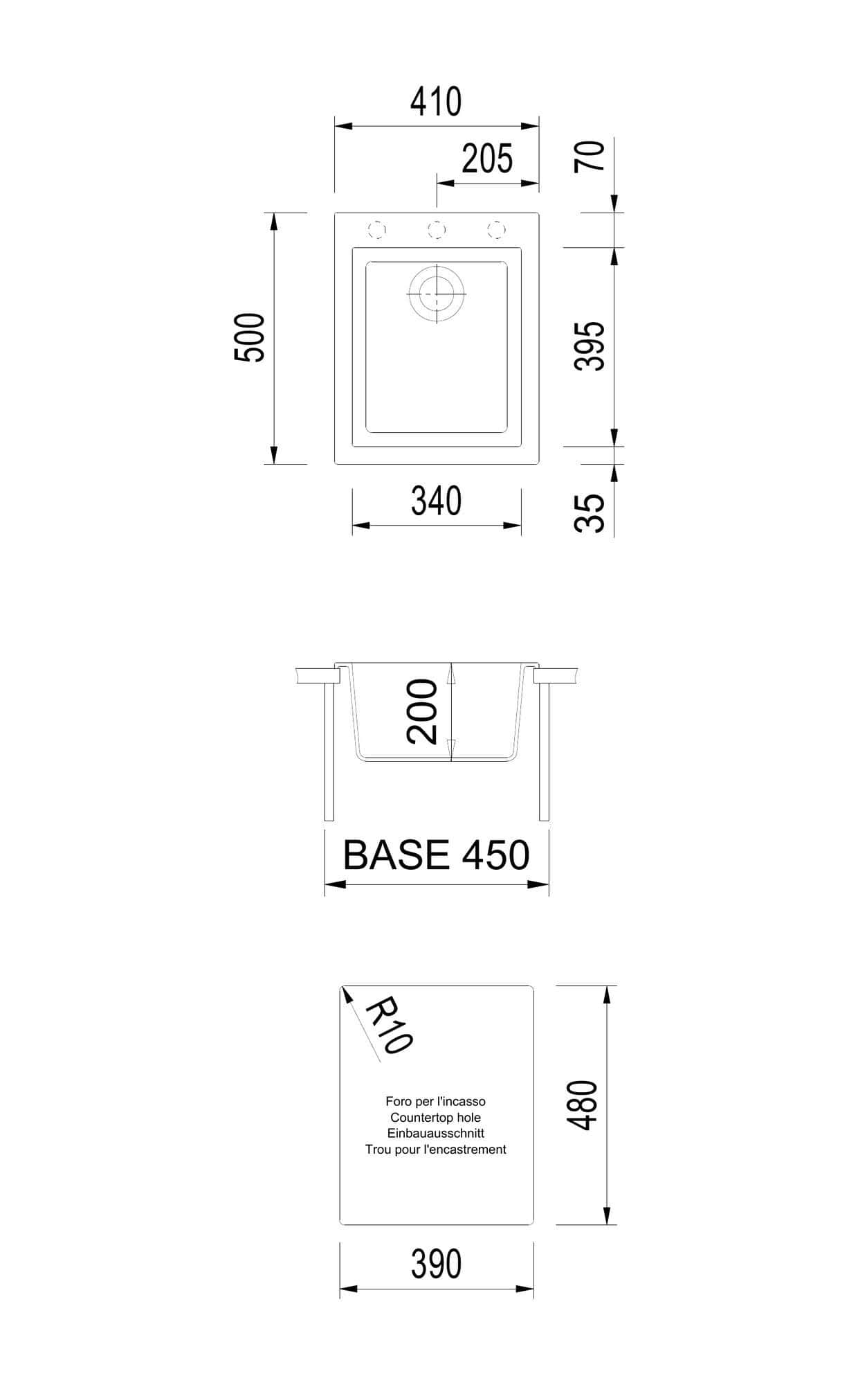 Disegno tecnico e quote del lavello Plados ON4110
