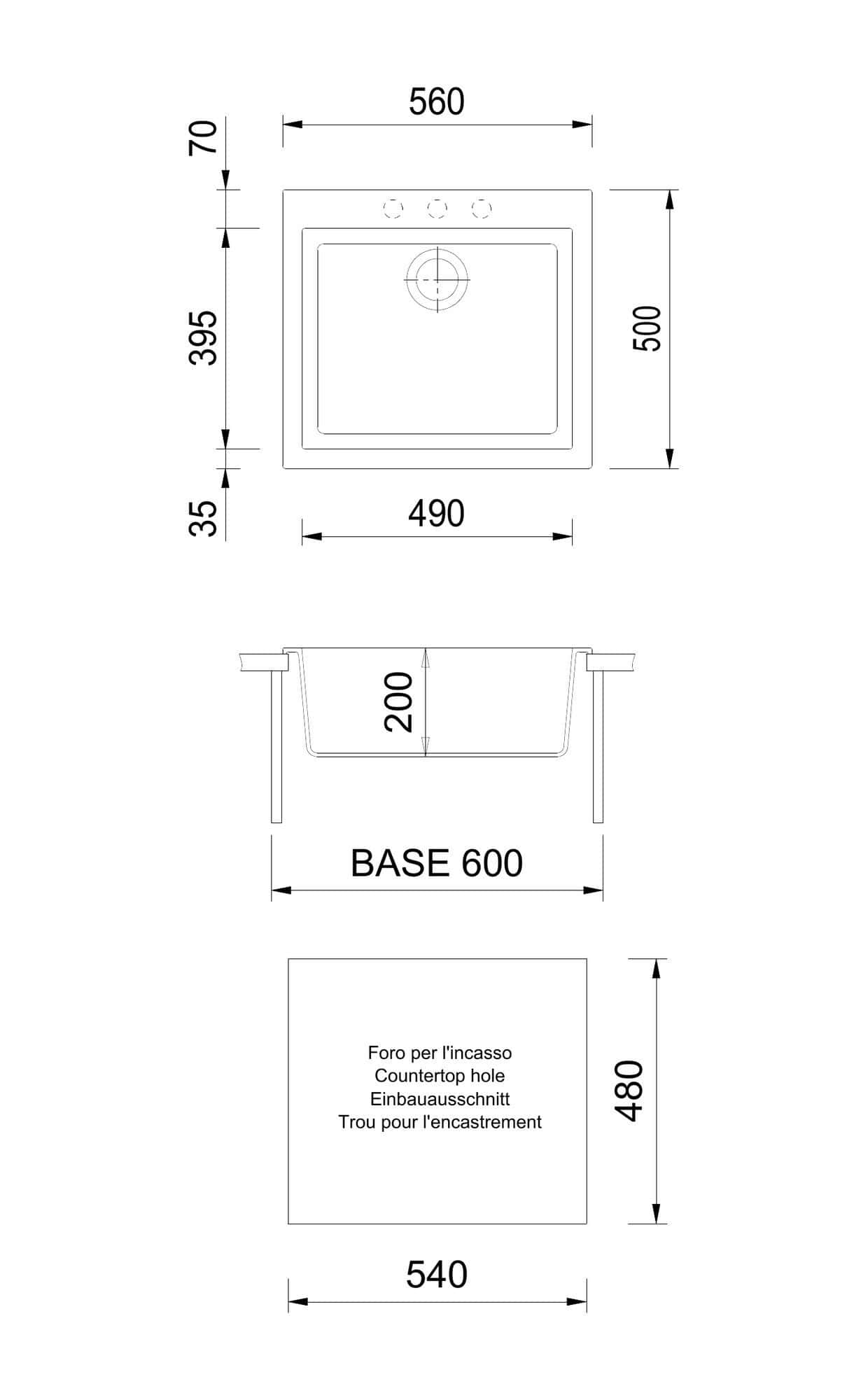 Disegno tecnico e quote del lavello Plados ON5610