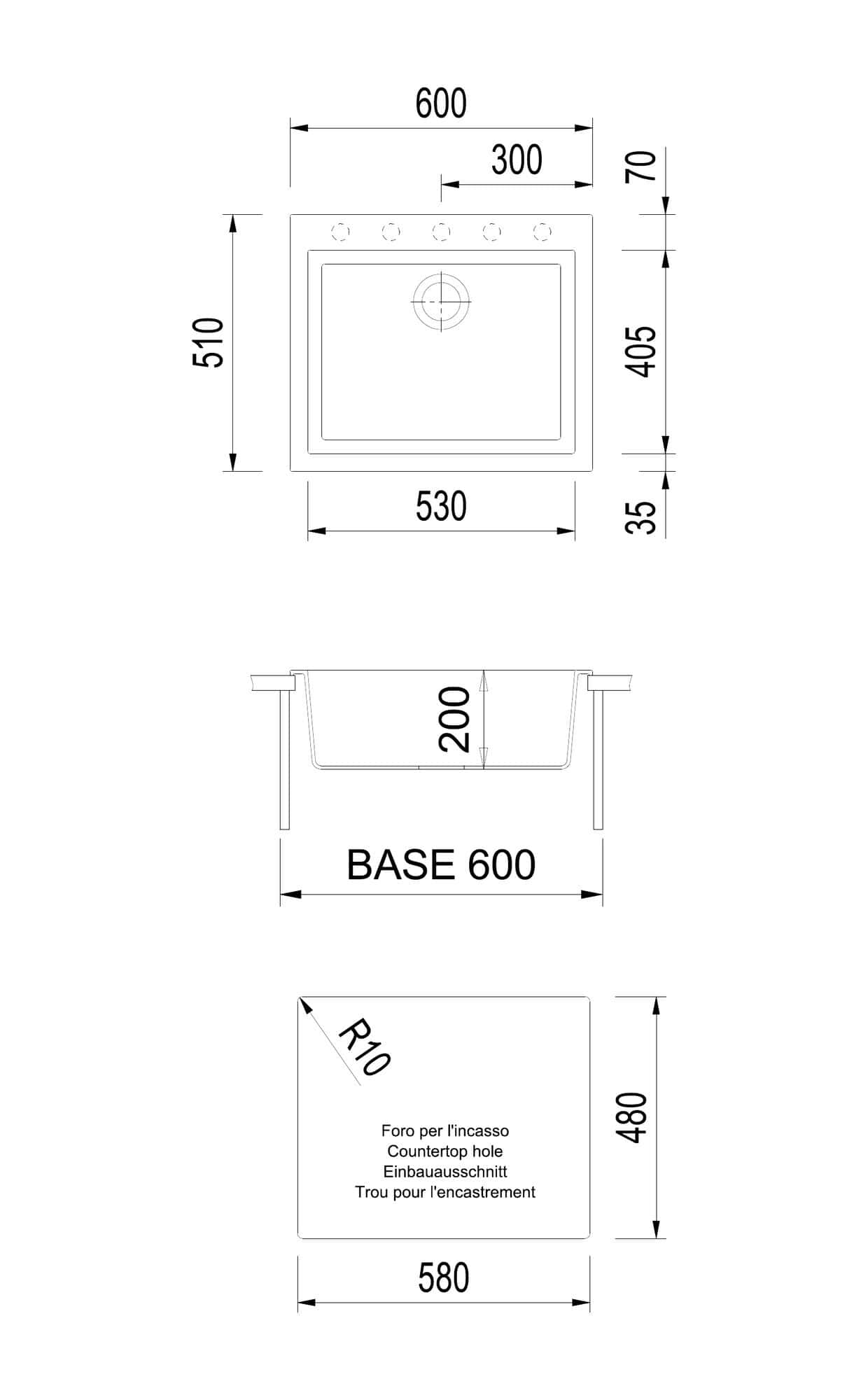 Disegno tecnico e quote del lavello Plados ON6010