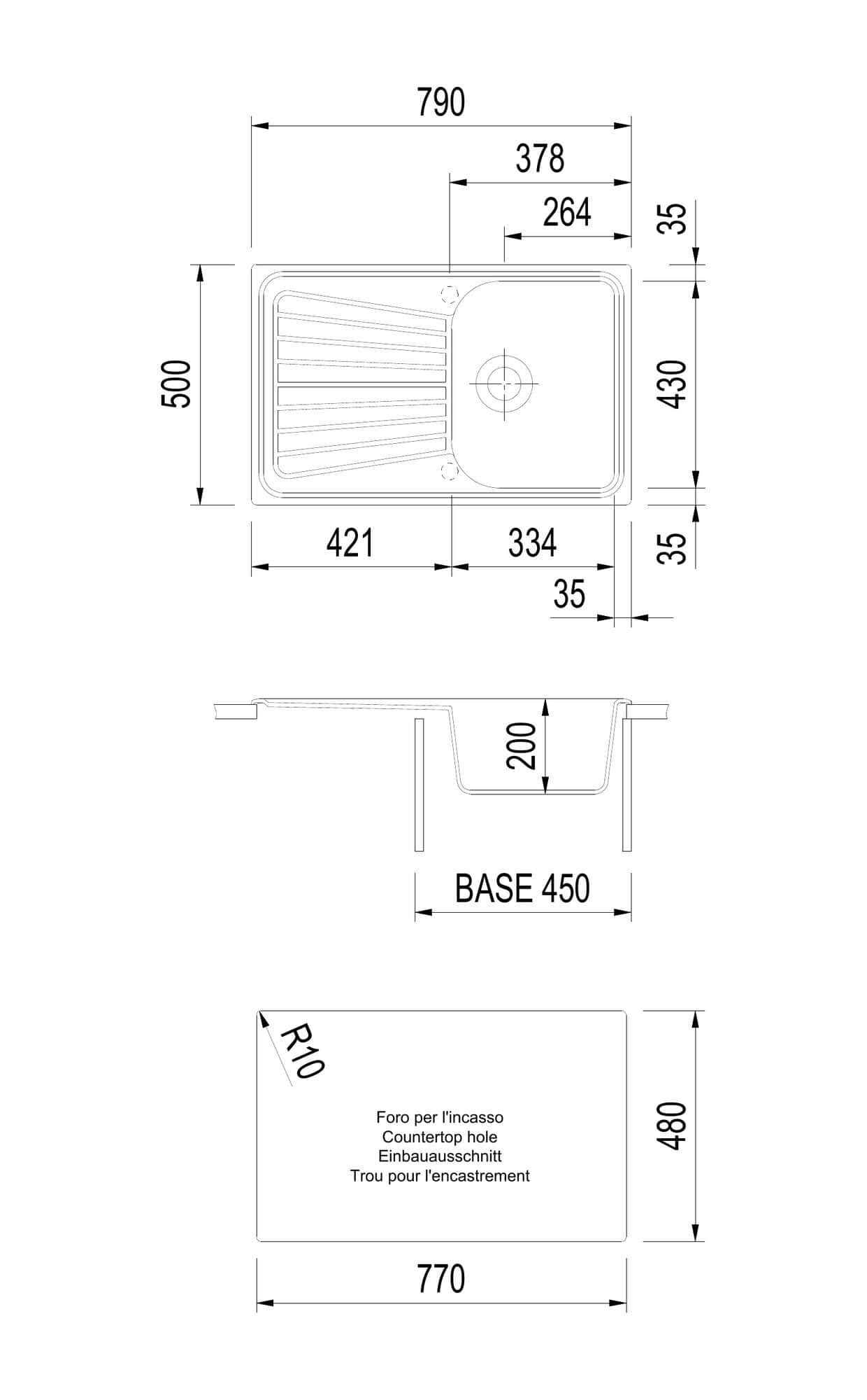 Disegno tecnico e quote del lavello Plados SP0791