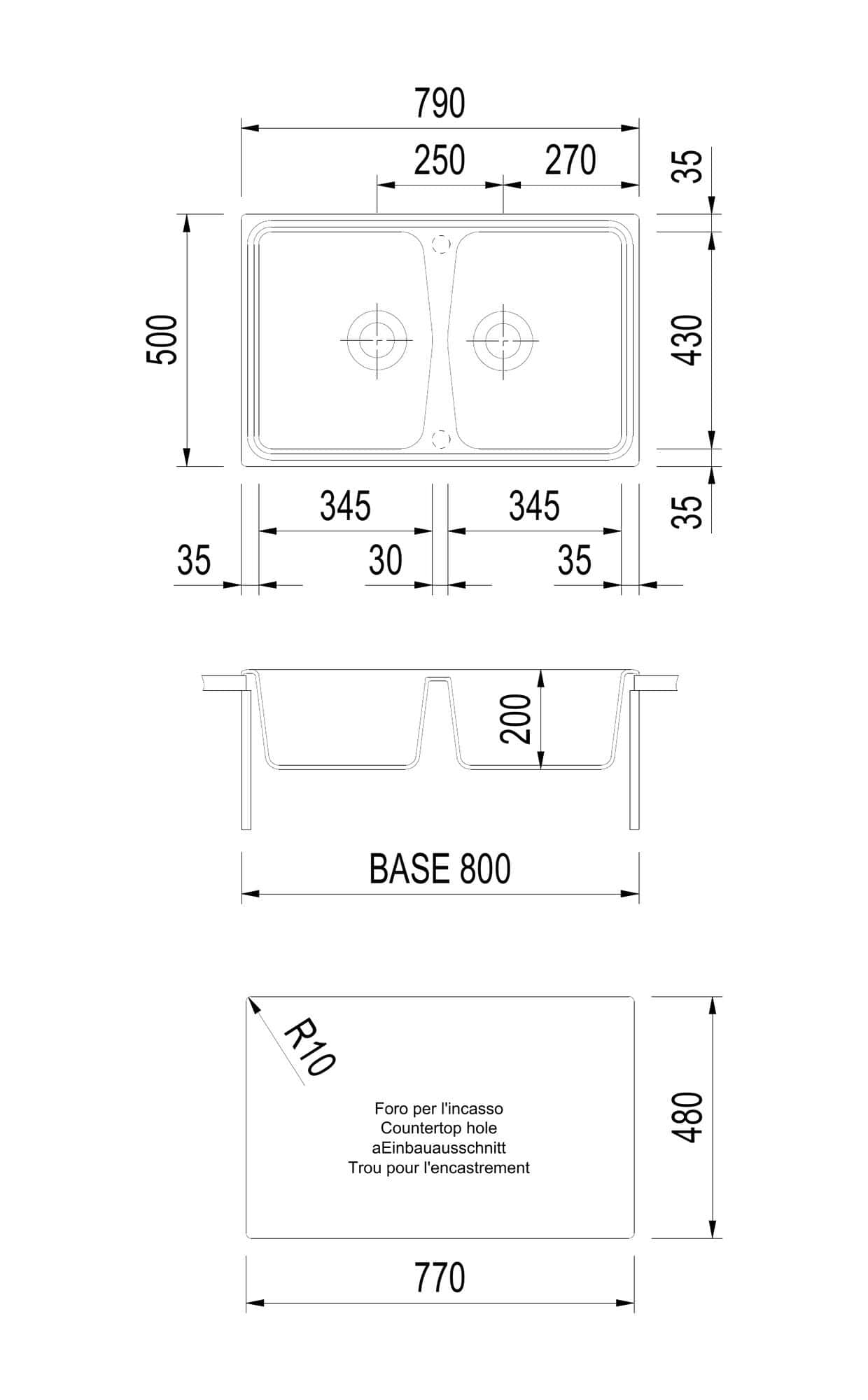Disegno tecnico e quote del lavello Plados SP0792