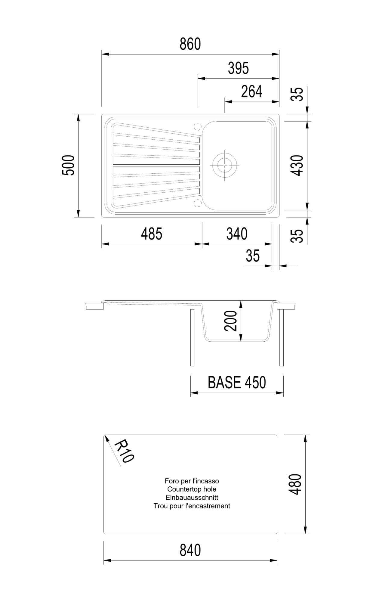 Disegno tecnico e quote del lavello Plados SP0861