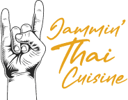  Black and white rock fist graphic with the words “jammin’ thai cuisine” underneath, representing the Rock ‘N’ Thai brand.