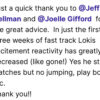 Text expressing gratitude to @Jeff Gellman and @Joelle Gifford for advice, indicating that within three weeks of using The Dog Training Fast Track - VIP Special - Option 2, Loki's excitement reactivity has significantly decreased.