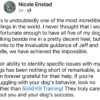 A social media post by Nicole Enstad expressing gratitude towards Solid K9 Training and trainers Jeff and Joelle for significant improvements in her dogs' behavior and success in achieving walking all five dogs together.