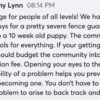 Text message from Brittany Lynn discussing the benefits of a community for all levels, mentioning using it for various dog-related issues and the importance of including it in the adoption fee for a new puppy.