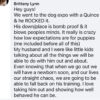 Text post from Brittany Lynn, describing how well her dog performed at a dog expo with a Quince. She expresses pride in the dog's training and behavior, especially with an upcoming newborn.