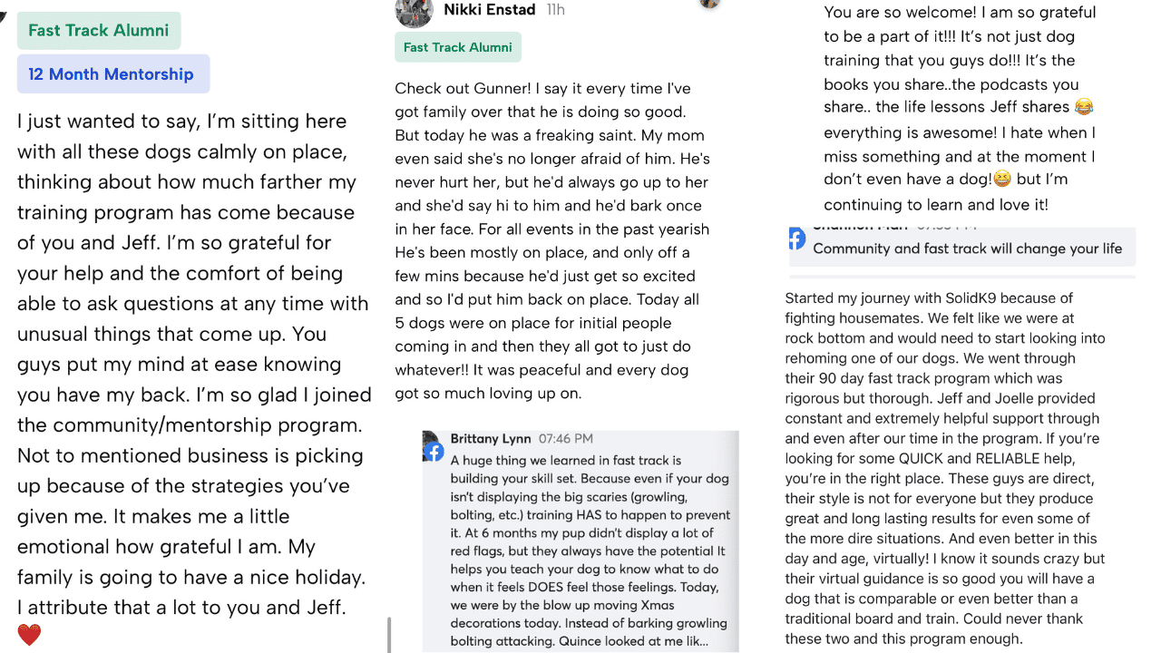 Screenshot of a community group discussion featuring testimonials from various participants expressing gratitude and sharing positive experiences about a dog training program. Screenshot of a community group discussion featuring testimonials from various participants expressing gratitude and sharing positive experiences about a dog training program.