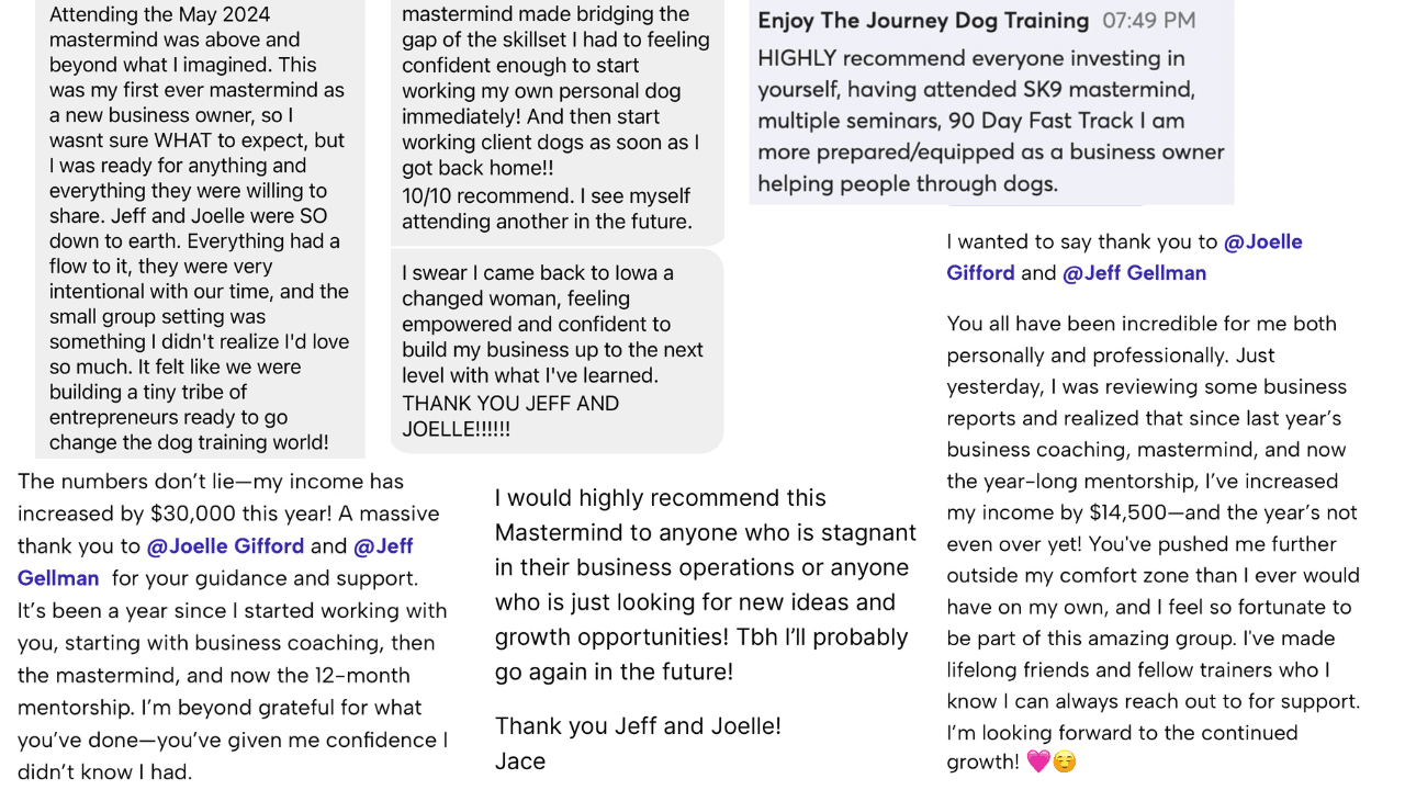 Screenshot of multiple positive testimonials praising a business mastermind program led by Joelle Gifford and Jeff Gellman, focusing on income growth, mentorship, and personal transformation.