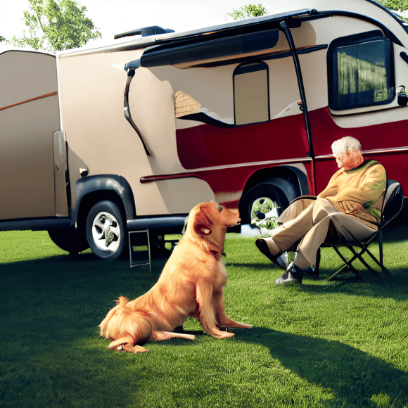 man and dog sitting by motorhome, RV Temp Monitor