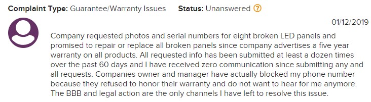Customer reports PlatinumLED refuses to honor their warranty on a damaged product