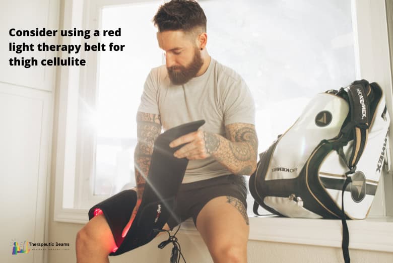 Man using red light therapy device for thigh cellulite