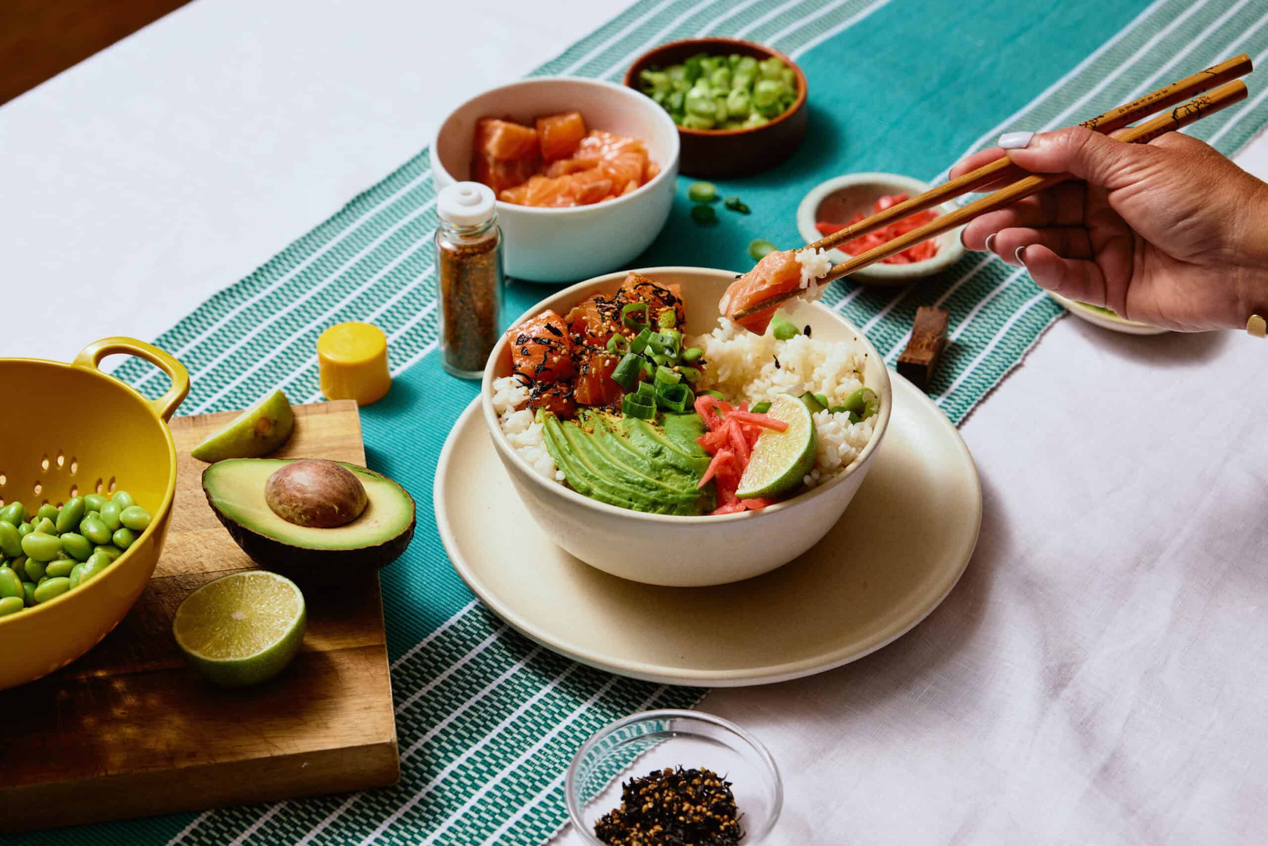 Salmon rice bowl with chopsticks