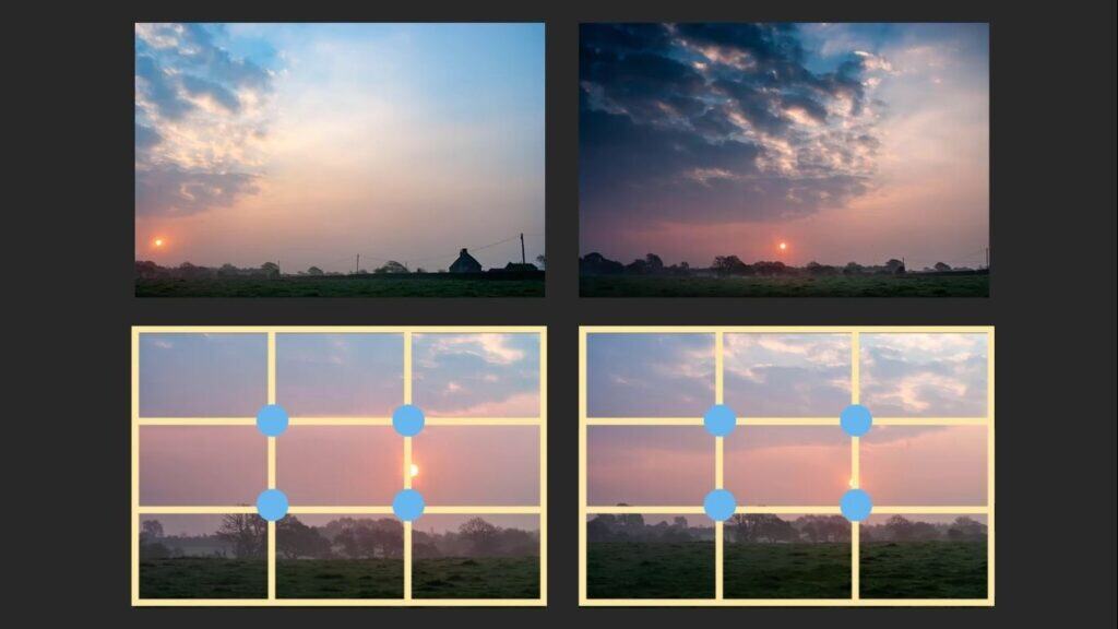 4 images, the top two taken using instinct only, and the bottom 2 using the rule of thirds