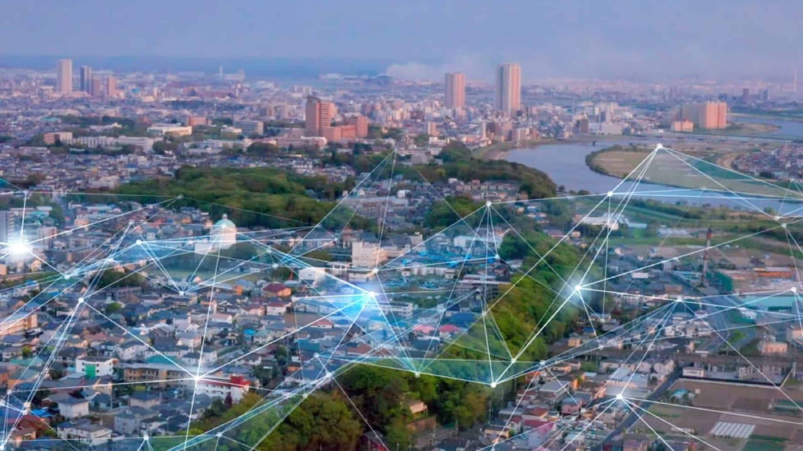 Modern U.S. cityscape with energy network connections and green spaces.