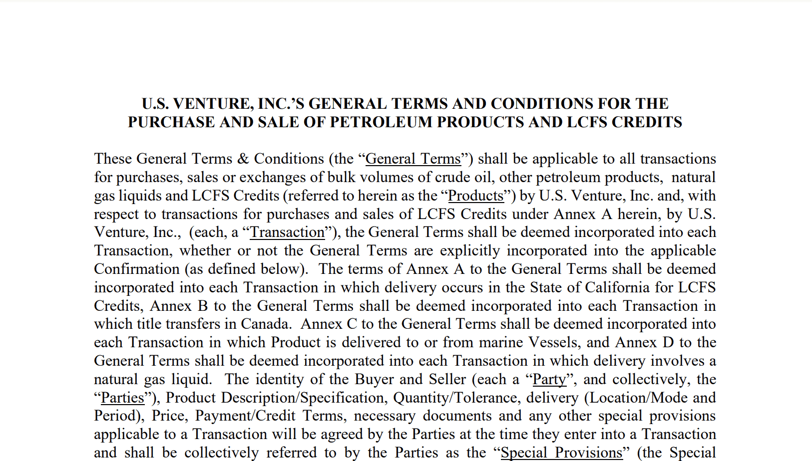 Purchase and Sale of Petroleum Products and LCFS Credits – Terms