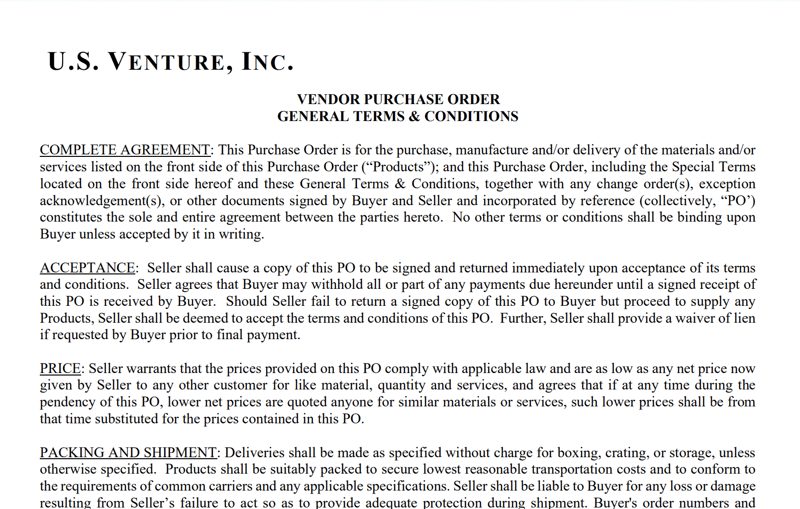 Vendor Purchase Order (PO) – Terms