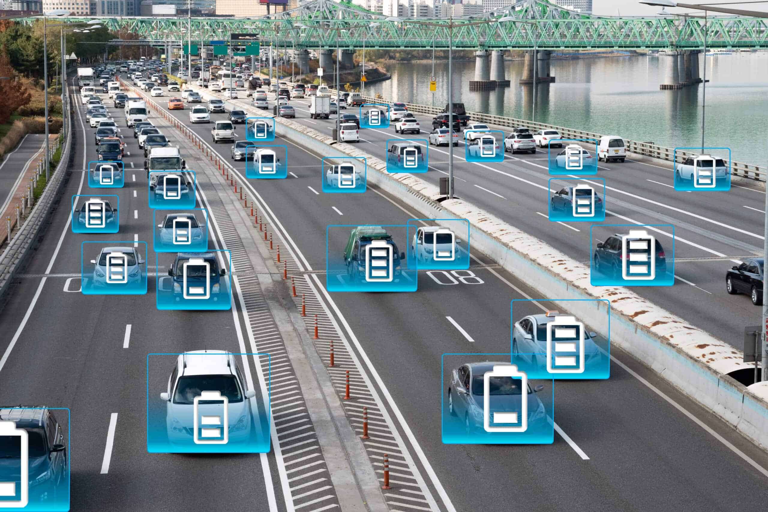 Autonomous vehicles on highway with electric vehicle charging icons, promoting clean energy.