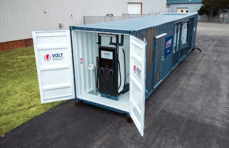 High-capacity mobile EV charging station by Volt Vault in an industrial setting.
