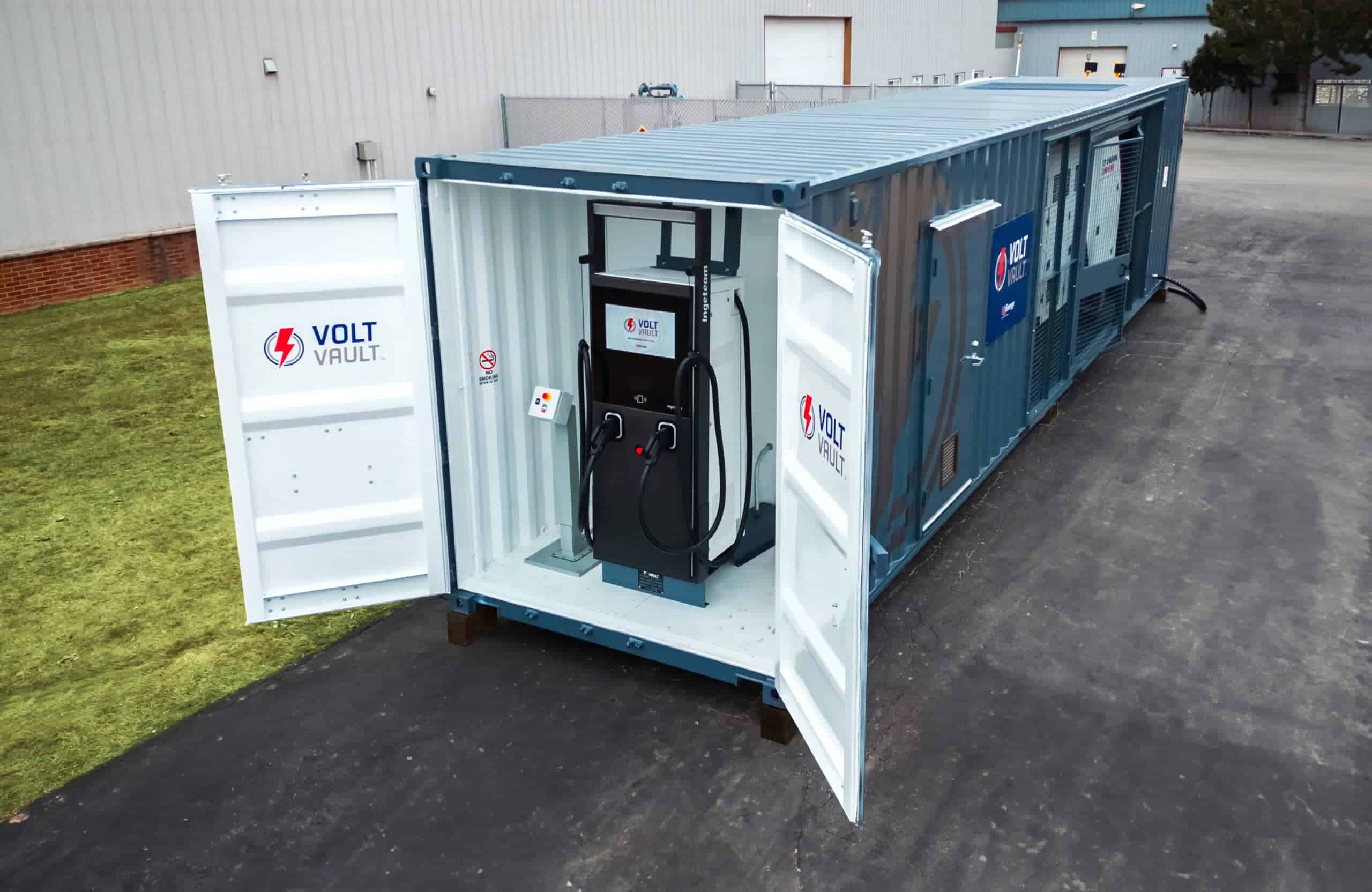 High-capacity mobile EV charging station by Volt Vault in an industrial setting.