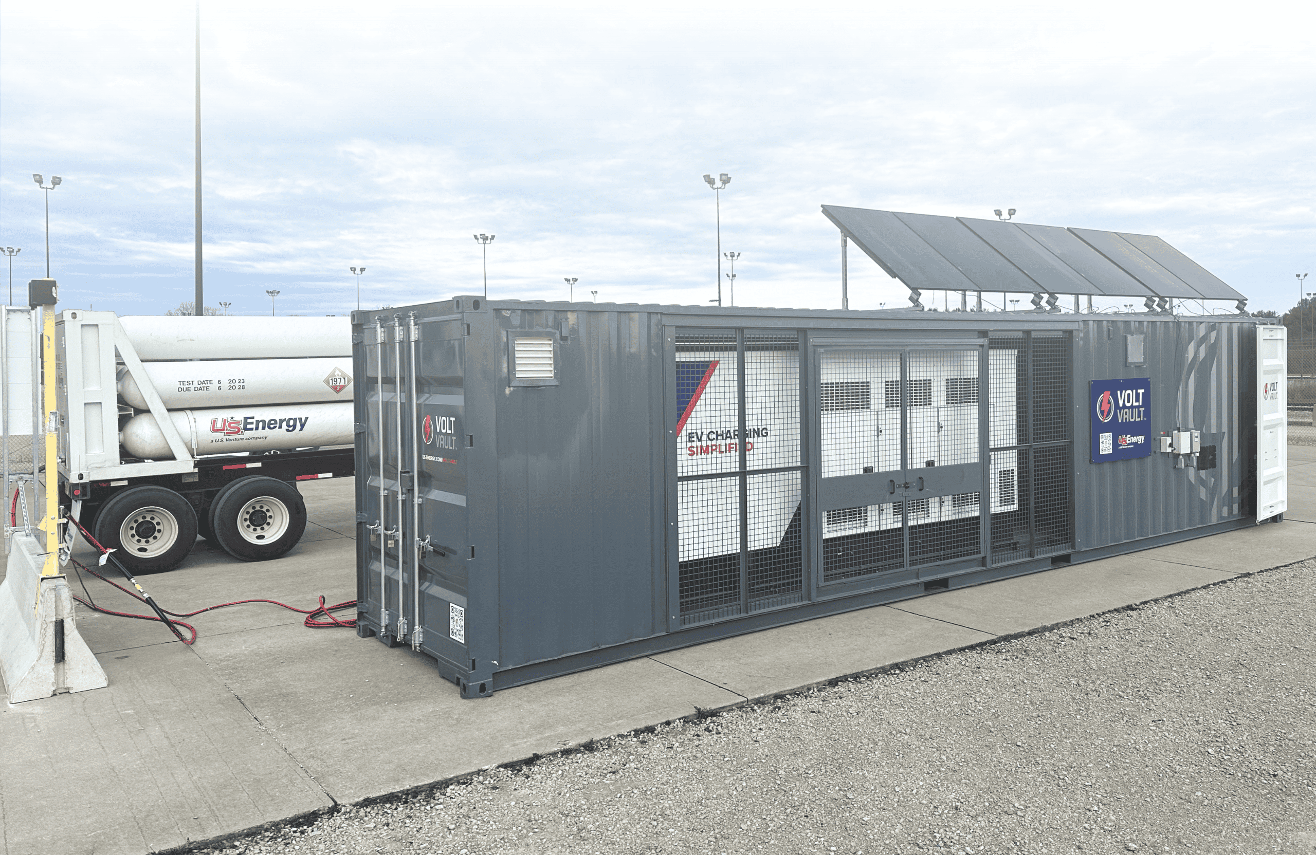 Level 3 Volt Vault unit deployed at Camp Atterbury for EV fleet testing on a Class 8 electric truck