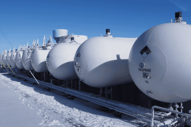Propane storage tanks for U.S. energy infrastructure in snowy landscape.