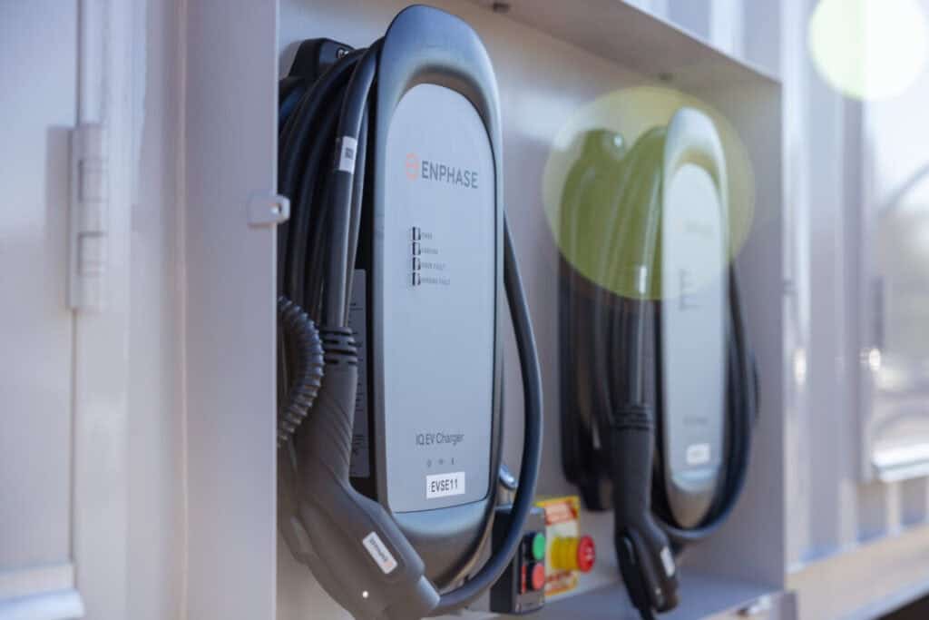 Two of the 16 EV chargers on U.S. Energy's Level 2 Volt Vault charging unit