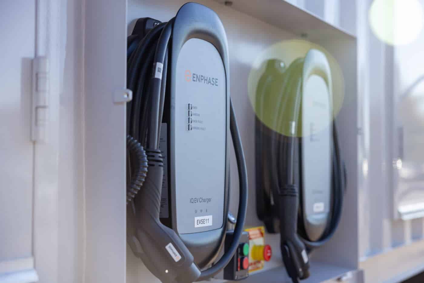 Two of the 16 EV chargers on U.S. Energy's Level 2 Volt Vault charging unit