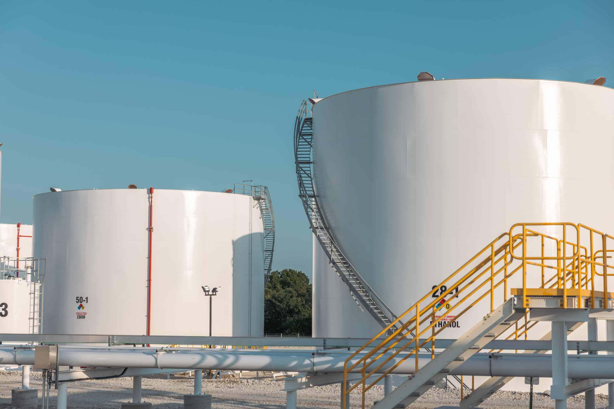 Oil storage tanks.