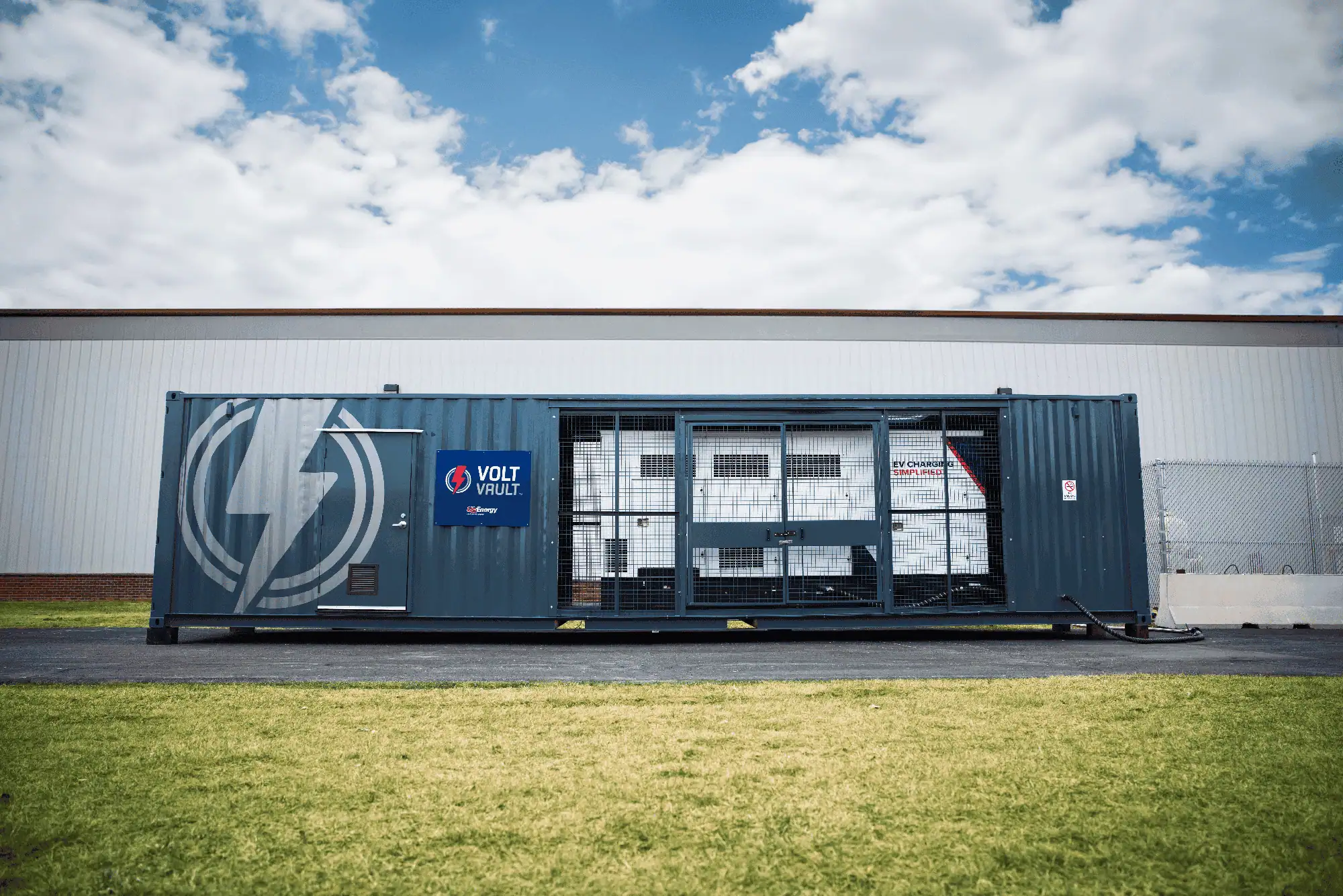 Volt Vault unit in front of warehouse setting.