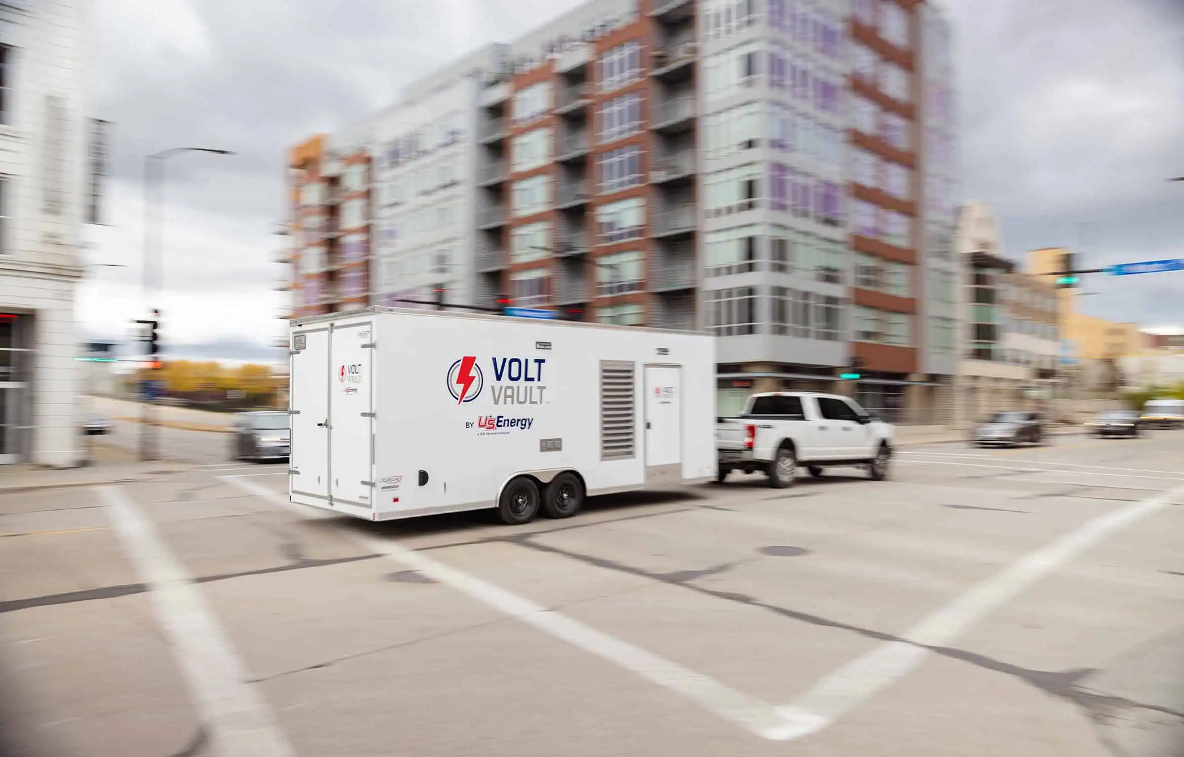 Mobile energy storage unit by Volt Vault in urban setting.