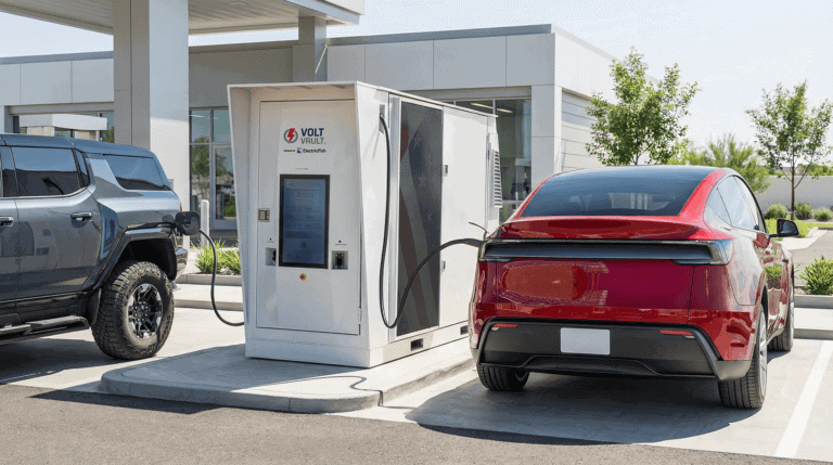 EVs charging with Volt Vault Powered by Electric Fish.