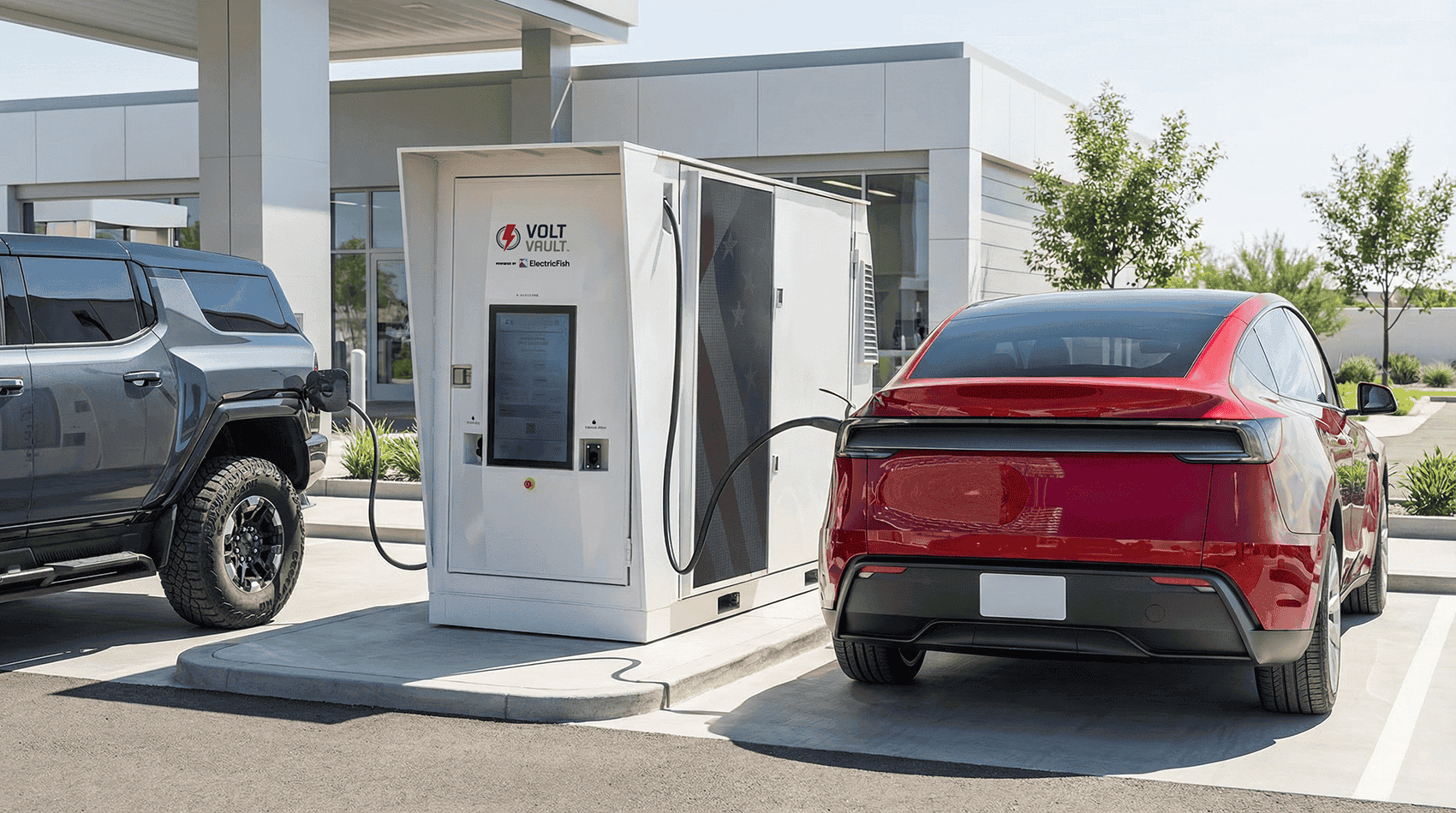 EVs charging with Volt Vault Powered by Electric Fish.