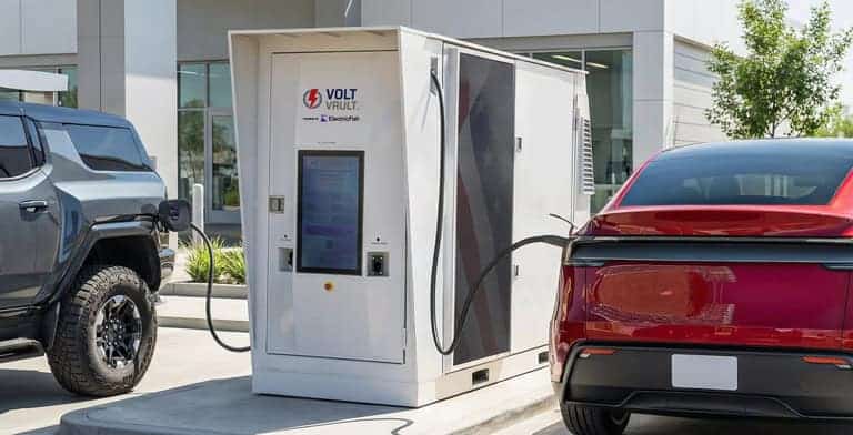 EVs charging with Volt Vault Powered by Electric Fish.