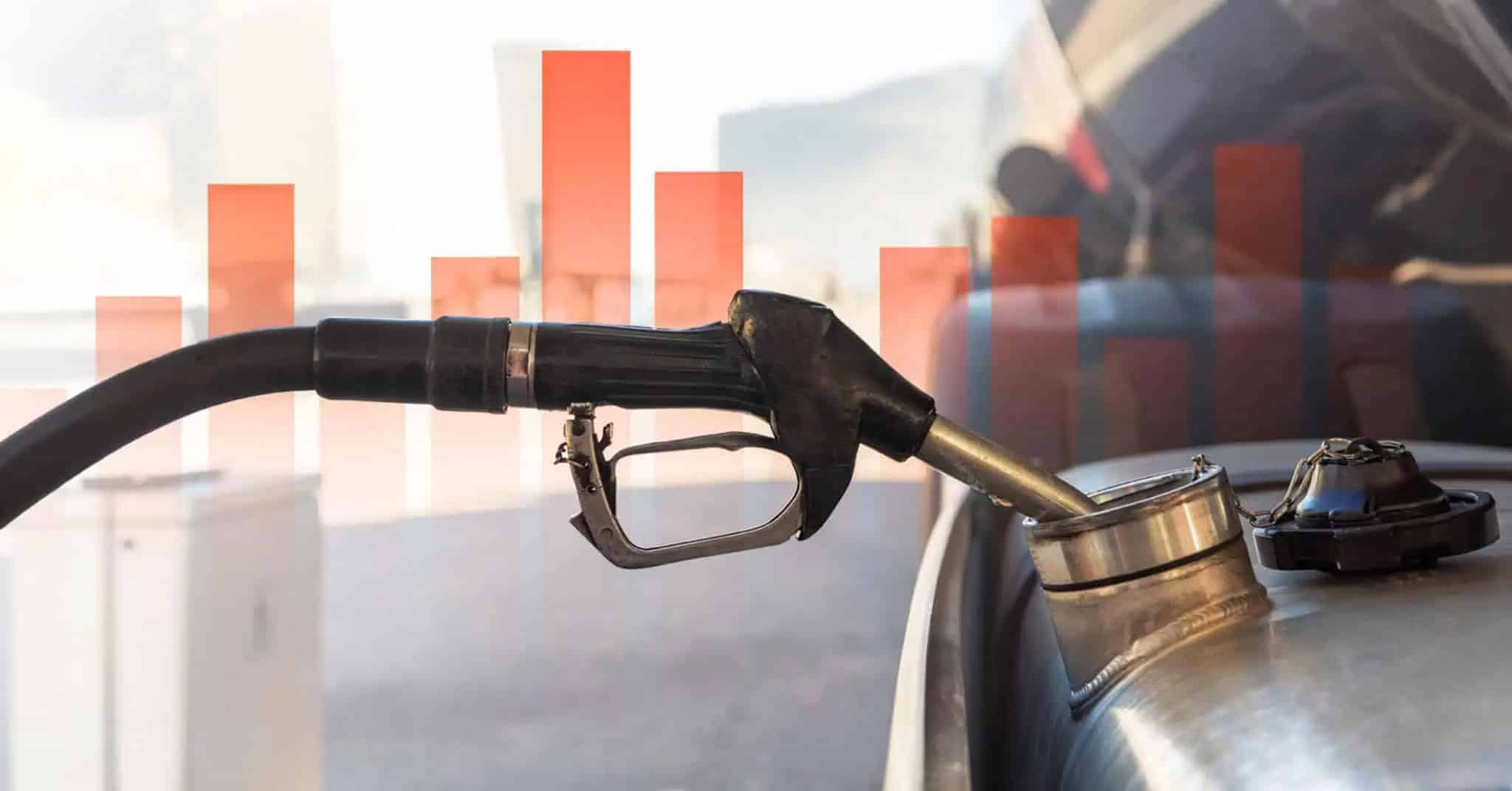 Fuel pump nozzle with finance bar chart in background.