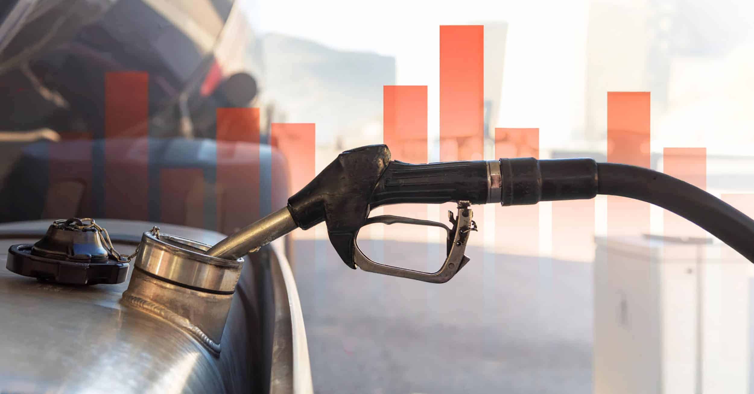 Fuel pump nozzle with finance bar chart in background.