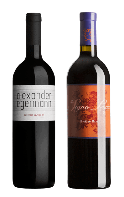 Zwei Rotweinflaschen, Cabernet Sauvignon 2015, Alexander Egermann, Cuvée In Signo Leonis, Heribert Bayer