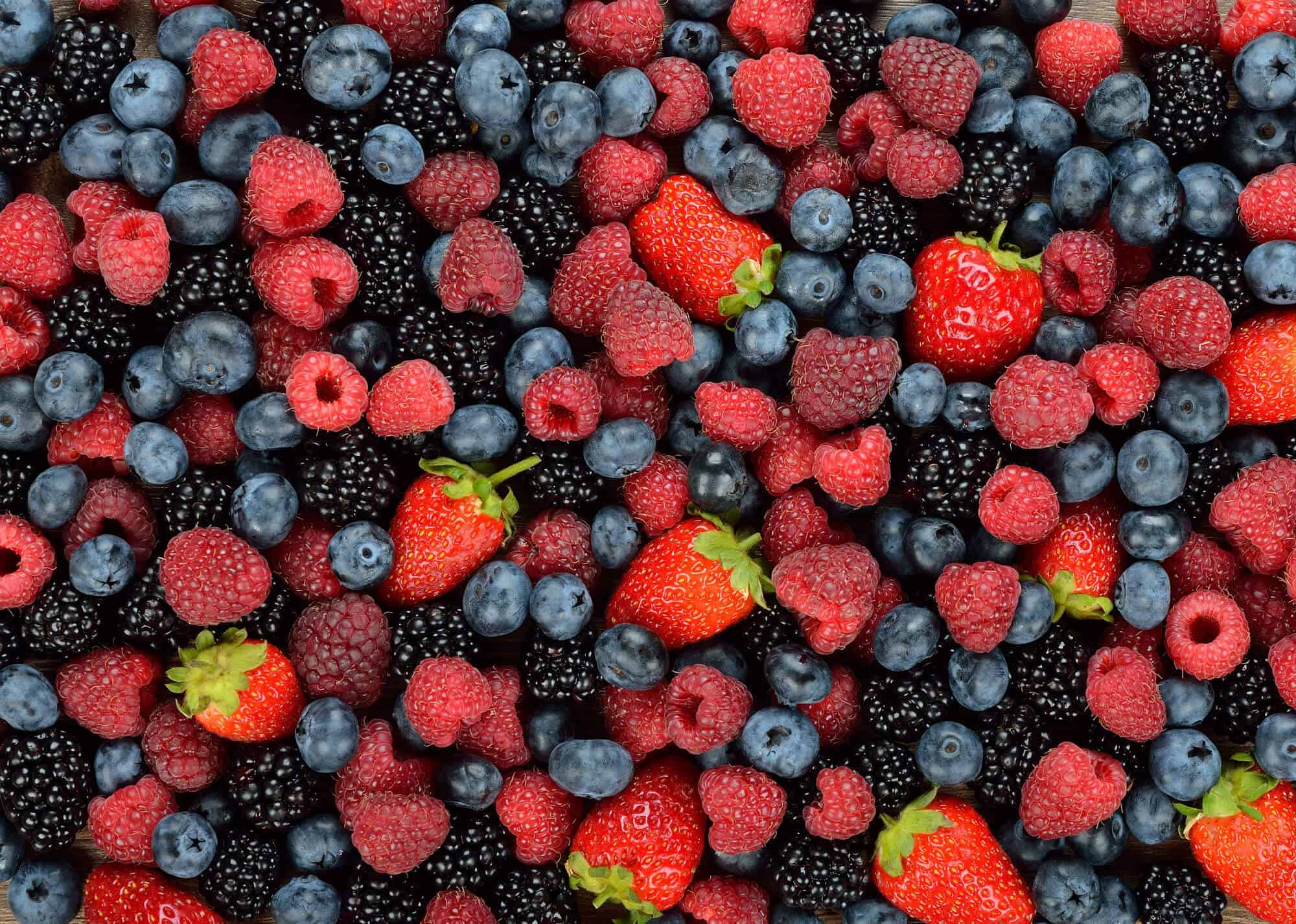 a background of vibrant different berries including raspberries, blueberries, strawberries and blackberries