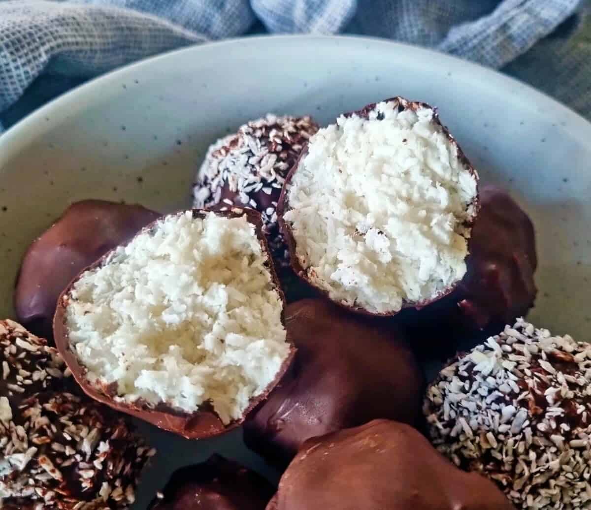 close-up of no bake vegan bounty balls