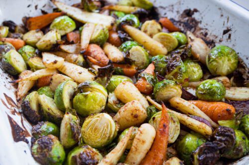 tray of roasted brussel sprouts and carrots